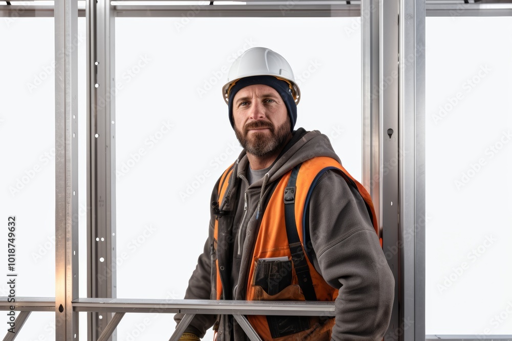 Poster capture a close-up shot of a rugged construction worker in a modern modular building, highlighting t