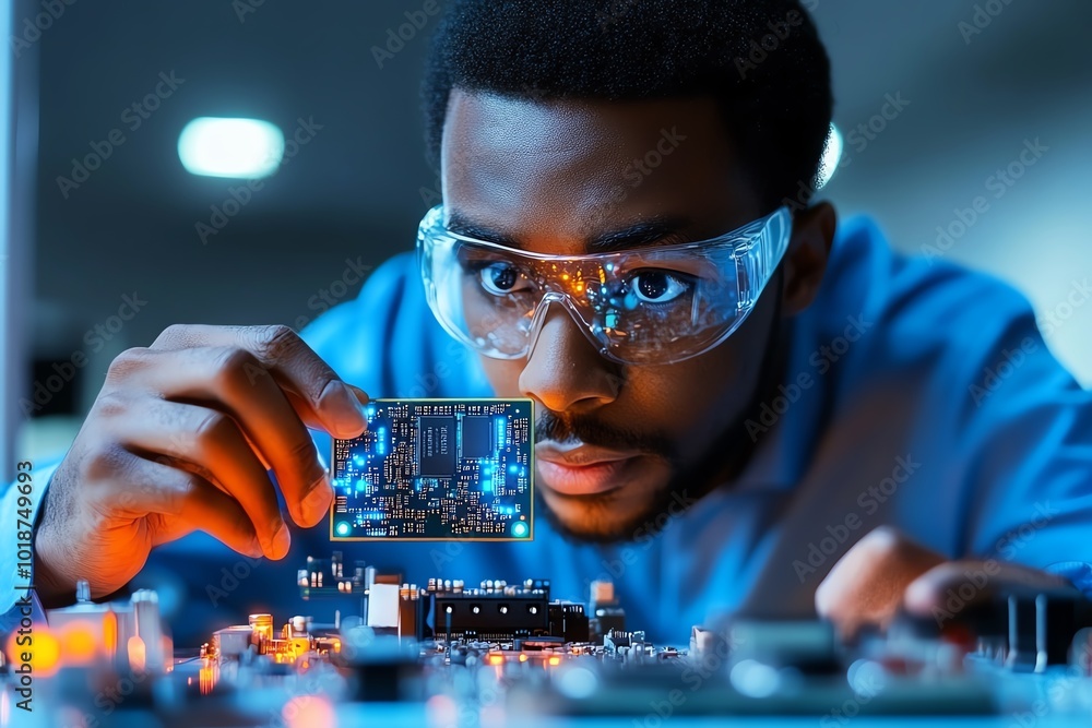 Poster Realistic depiction of an engineer meticulously disassembling a circuit board, carefully analyzing the internal components, symbolizing the process of reverse engineering