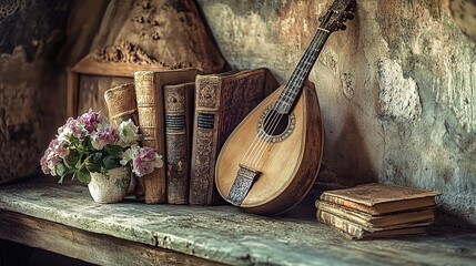 A lovely old lute and ancient books rest gracefully upon a weathered wooden shelf, exuding a timeless allure and a whisper of forgotten tales. 