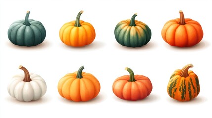 Colorful pumpkins and squashes collection. Autumn background.