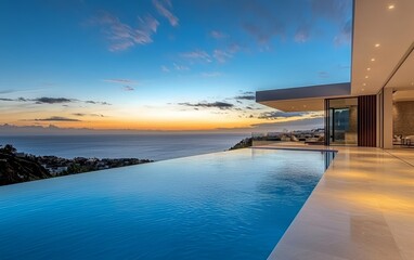 Fototapeta premium Contemporary coastal villa with an infinity pool blending into the horizon, ideal for showcasing luxury homes, oceanfront properties, or exclusive vacation rentals