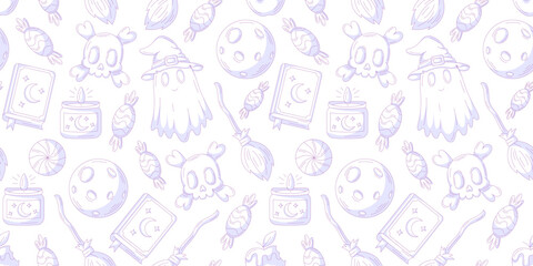 Halloween vector seamless pattern, monochrome purple minimalist design with spooky and scary elements. Ghost, spell book, witch magic hat, skull and bones. For cover, wrapping paper, textile print.