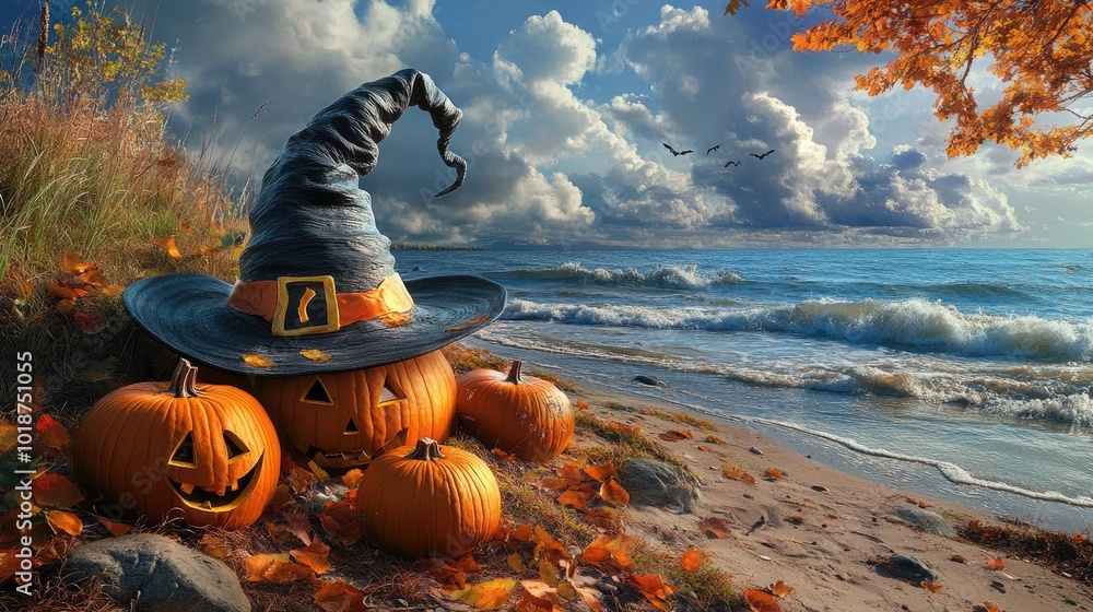 Sticker Halloween themed beach and ocean scene featuring a witch hat and pumpkins