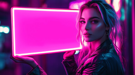 Young woman holding a glowing pink neon sign in a vibrant urban setting at night