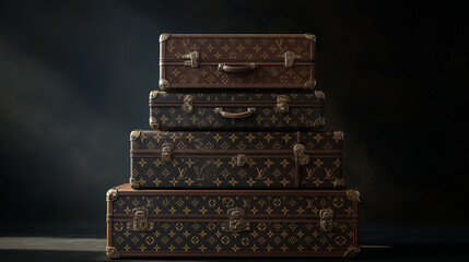 A stack of vintage travel trunks with distinct patterns displayed against a dark backdrop in a styled setting