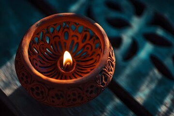 Terra-cotta Diwali lamp glowing softly, ornate patterns, dramatic lighting, high angle perspective