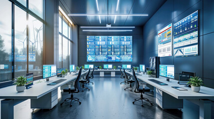 A high-tech renewable energy control room, managing wind, solar, and hydropower grids in a clean, futuristic environment. Modern and innovative design.