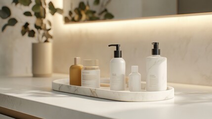 chic marble tray holding luxury skincare products on a white countertop.