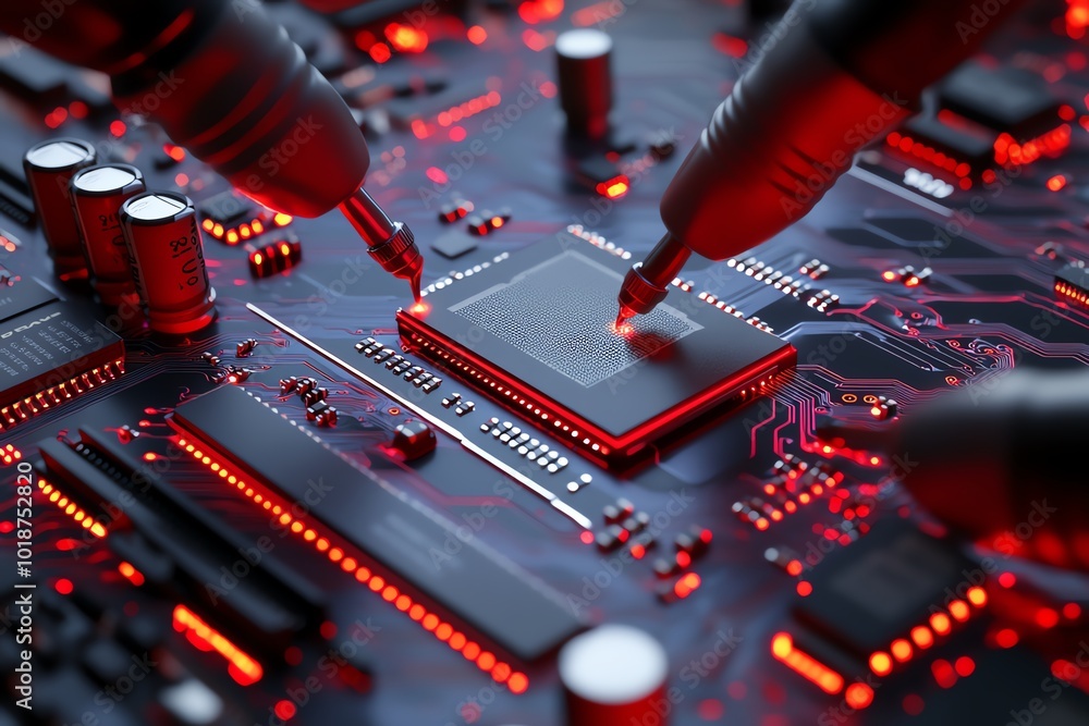 Poster Realistic depiction of reverse engineering a complex circuit board, with engineers examining each chip and resistor to recreate the design