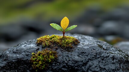 A small green plant sprouts vibrantly from a mossy rock in a serene natural setting during daylight hours