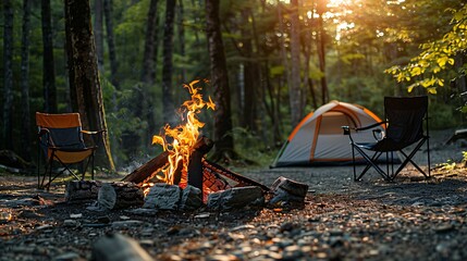 Camping in the forest with a tent and a fire on the foreground