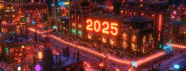A festive New Year's celebration featuring glowing red numbers 2025 on a high-tech motherboard amidst vibrant decorations