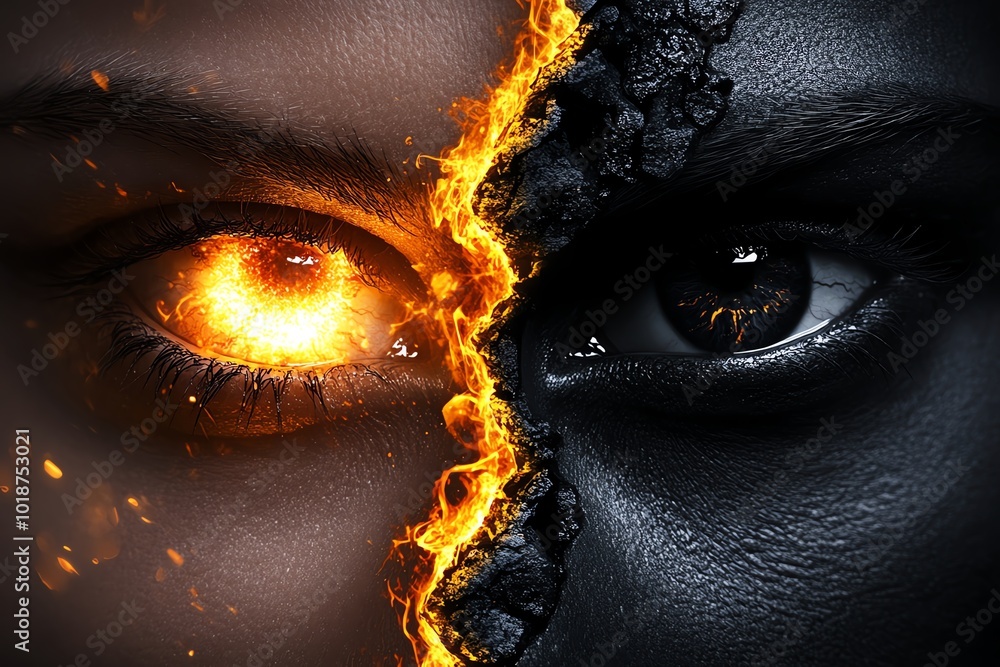 Poster realistic depiction of two eyes, one glowing with light and the other dark and shadowed, symbolizing