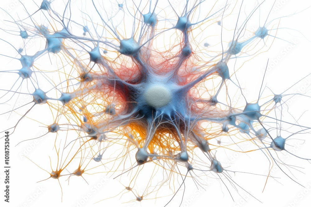Aufkleber craft a mesmerizing depiction of the process of new neuron formation from an aerial viewpoint, illus
