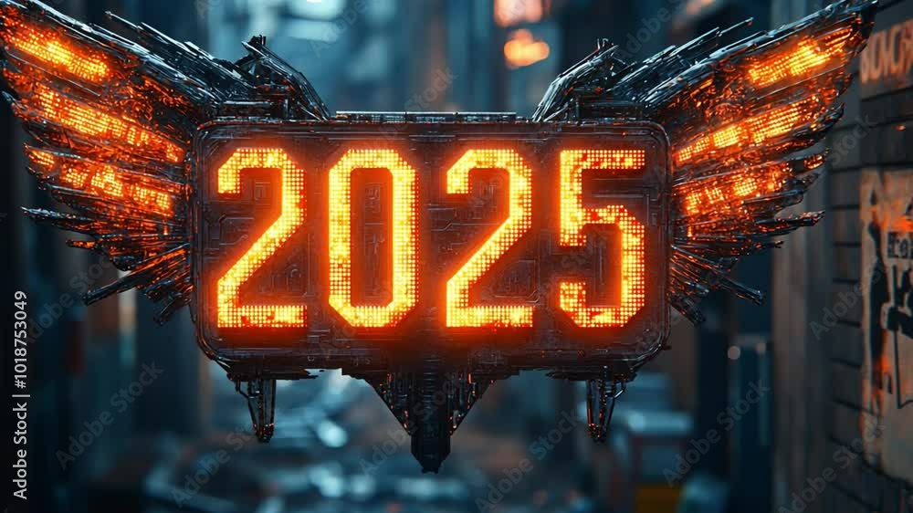 Poster digital display of the year 2025 illuminated in a futuristic urban setting at night