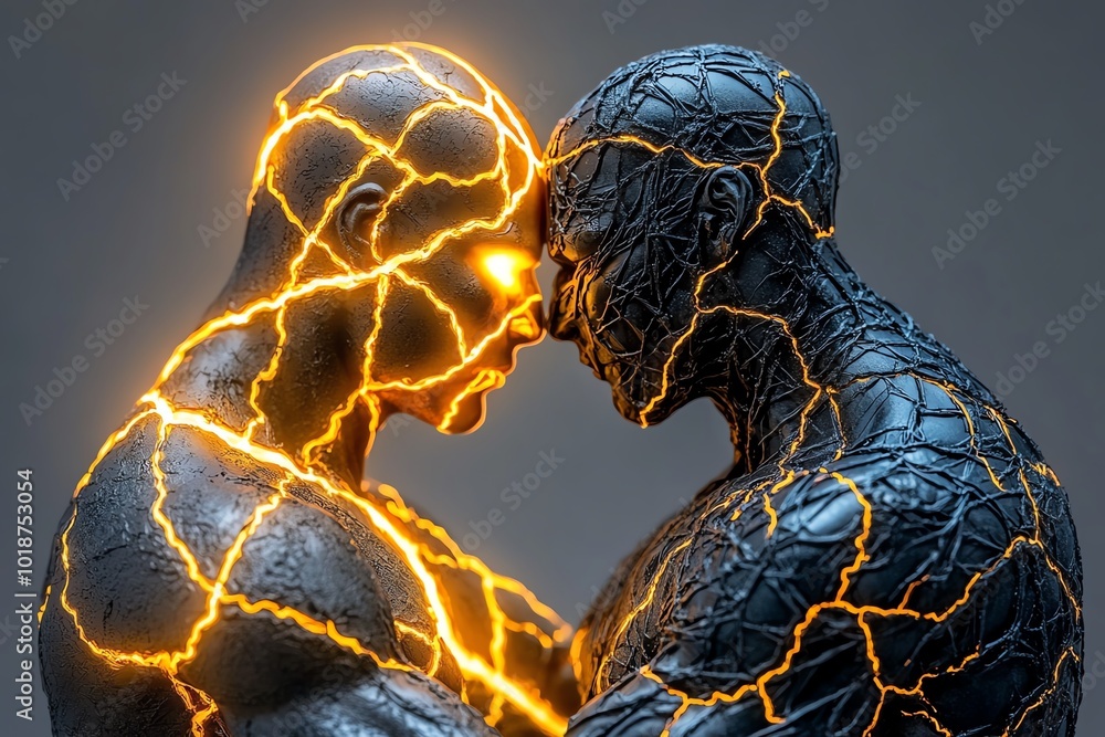 Aufkleber Realistic depiction of two intertwined figures, one glowing with light and the other dark and shadowed, representing the dualism of unity and opposition