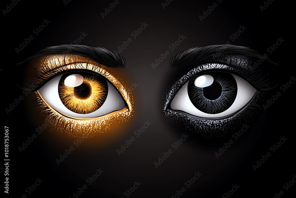 Poster realistic depiction of two eyes, one glowing with light and the other dark and shadowed, symbolizing