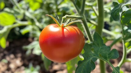 red tomato ripening on a vine in garden