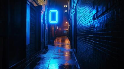 Fototapeta premium blue neon sign glowing brightly against the darkness of a city alley