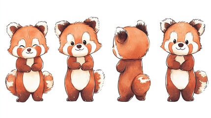 Fototapeta premium set of Cute cartoon red panda illustrations in watercolor chibi style, children's illustration style. isolated transparent background, christmas outfit
