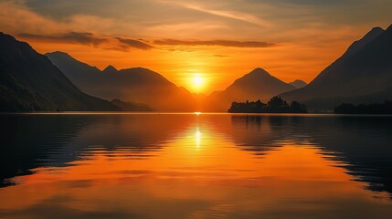 Fototapeta premium sunset reflecting off the surface of a calm lake surrounded by mountains