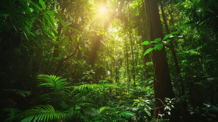A lush rainforest thriving with diverse species, where conservation efforts protect wildlife from deforestation and climate change