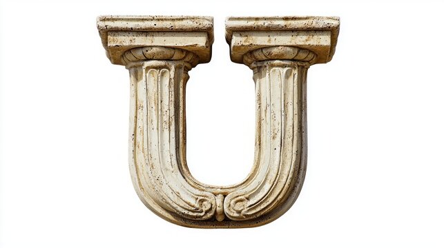 letter U stands out with an exquisite antique column texture, offering a blend of historical elegance and modern artistic flair against a clean white backdrop.