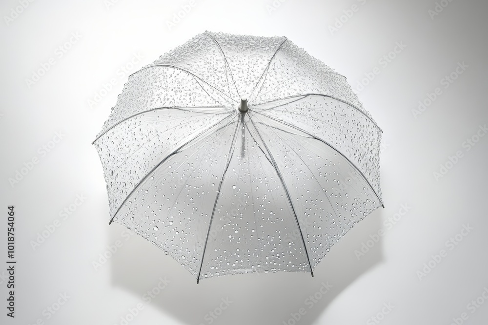 Poster craft a top-down perspective of a transparent umbrella with glittering water droplets, capturing lig