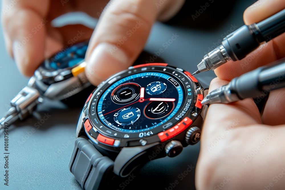 Poster Realistic depiction of reverse engineering a smartwatch, with engineers analyzing both the hardware and software components for duplication