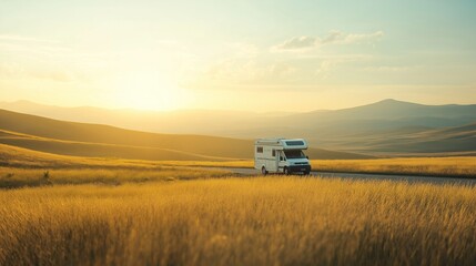 Fototapeta premium camping car driving through a beautiful landscape a sunny morning