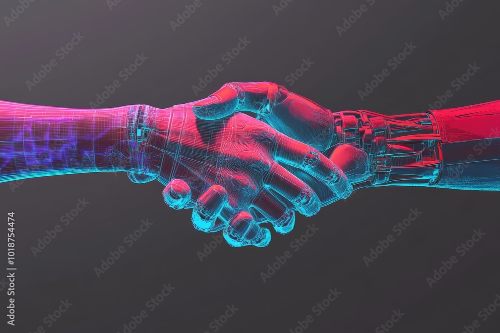 Leinwandbilder craft an engaging image of a human hand and a robotic hand locked in a firm handshake, symbolizing t