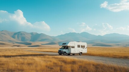 camping car driving through a beautiful landscape a sunny morning