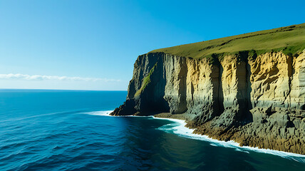 jagged cliff dropping off into the calm sea below