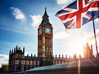 Obraz premium Iconic London Skyline with Big Ben and Union Jack Flag