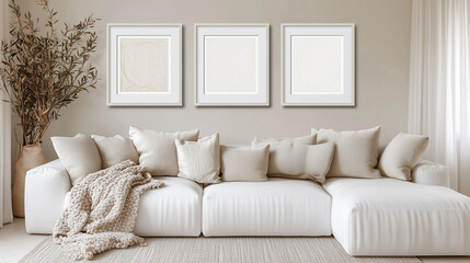 Elegant Interior Mockup: Picture Frames Above a Cozy White Sofa
