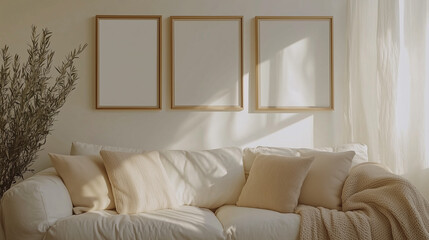 Minimalist Living Space: Picture Frames Over a Sofa with Soft Accents
