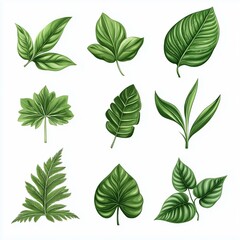 green leaves set on white background