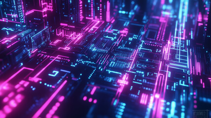 Futuristic Patterns: Glowing Neon Pink and Blue Circuit Boards
