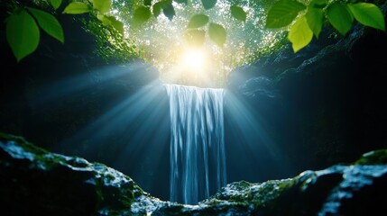 Obraz premium A mystical waterfall cascades down a cliff face, its waters sparkling with a magical glow as the last rays of the sun illuminate the scene.