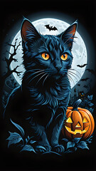 Magical Black Cat: Intricate Vector Art on Velvety Black Background