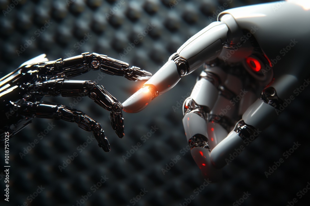 Fototapete illustrate a close-up shot of a robot and human hand collaborating on a delicate task, capturing the