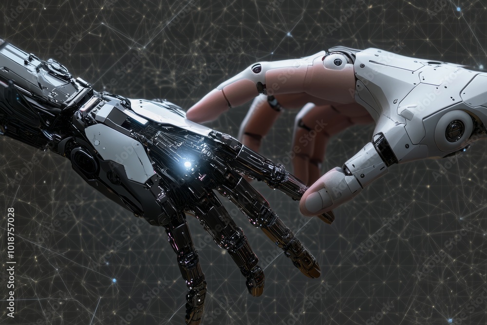 Aufkleber Illustrate a close-up shot of a robot and human hand collaborating on a delicate task, capturing the synergy and precision of their movements in a digital photorealistic style.