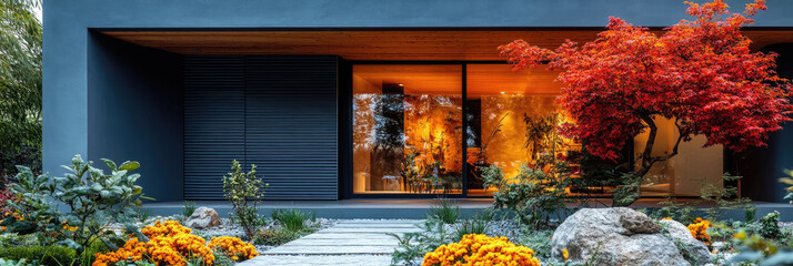 A contemporary residence showcases a beautifully landscaped exterior with colorful flowers and a stunning red tree, creating a tranquil atmosphere
