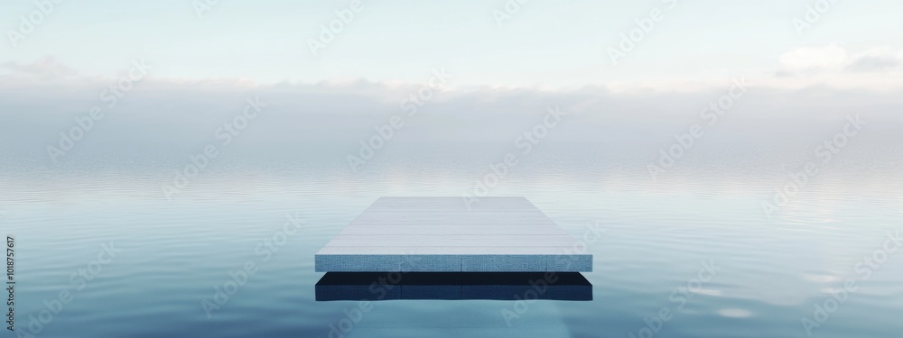 Poster serene minimalist diving board above tranquil water, emphasizing simplicity and calmness in an open 
