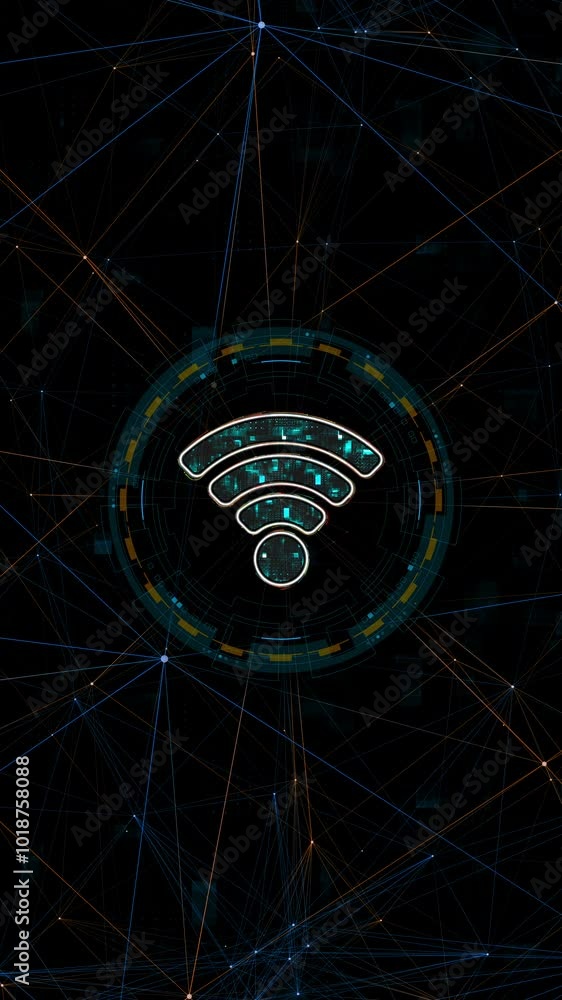 Poster motion graphic of blue digital wifi logo with circle futuristic hud elements and orange line connect