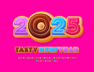 Vector Sweet Wish Card Tasty New Year 2025! Cute Delicious Font for Children. Colorful Alphabet Letters and Numbers set.