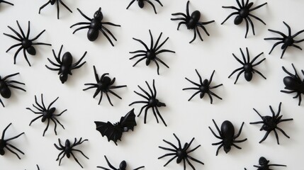 Halloween decorations concept. Halloween with spiders, black bats on white background. Flat lay, top view, copy space