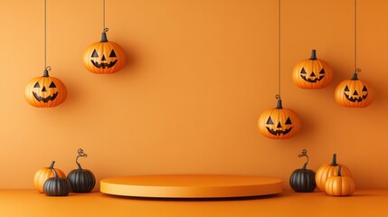 Halloween Empty Blank Orange Circular Podium Table Top Platform Stand with Hanging Pumpkins Decoration Wall Background Backdrop Mockup For Product Presentation and Advertisement.