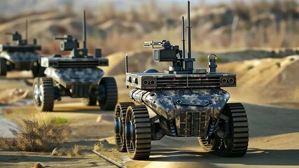 digital representations of unmanned military ground vehicles, showcasing their role in reconnaissance and patrol missions in high tech style