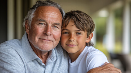 Fototapeta premium A grandfather and his grandson share a loving embrace, smiling together at home on a sunny afternoon, showcasing their close bond